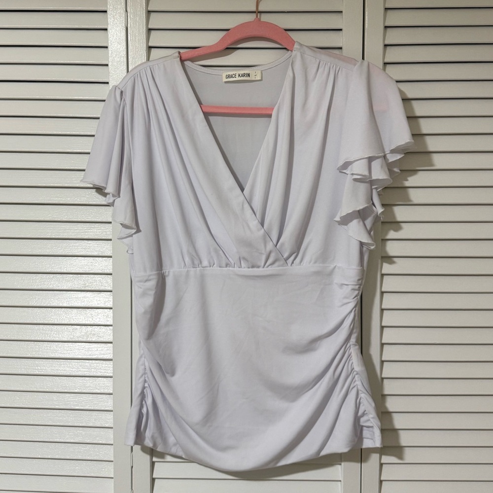 Grace Karin White V-Neck Ruffle Blouse